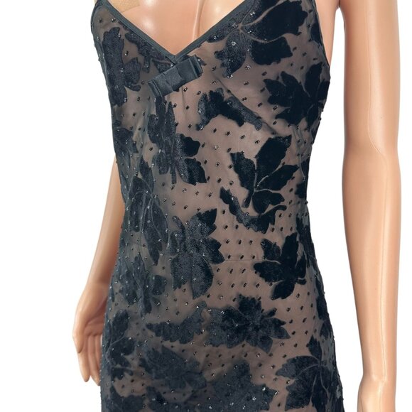 Vintage Morgan Taylor Black Sheer Slip Dress SZ S Velvet Floral By Fantasies - Picture 8 of 16